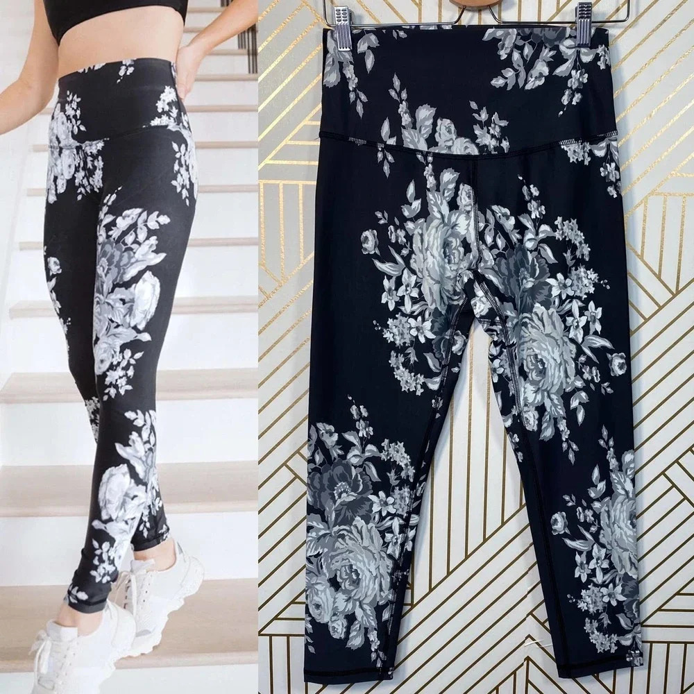 Albion Leggings High-Waisted Cropped Antigua Slate Floral Print Gray Size Small